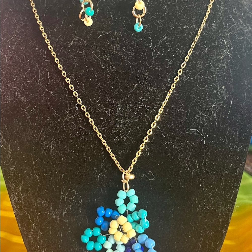 Gold and Blue Beaded Necklace and Earring Set
